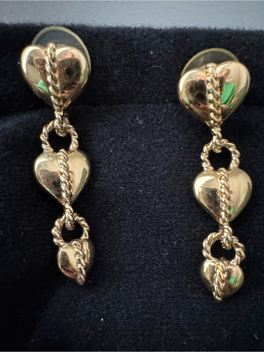 Vintage Monet Gold Tone Triple Heart Dangle Statement Earrings Post